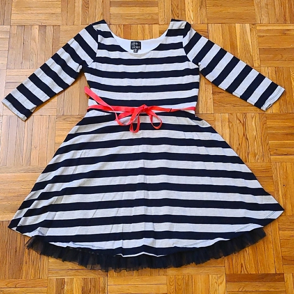Girl Dress, Pink & Violet Long Sleeve Striped A-line with Underskirt, size 14